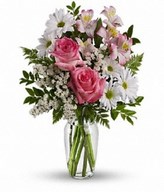 pink roses, pink alstroemeria, white daisy