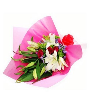 3 White Casa Lily with 3 Red Roses