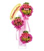 Tall standing arrangement of pink roses, pink gerberas & others