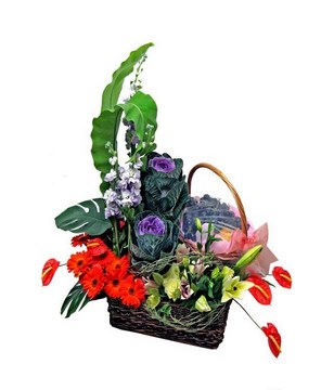 Flower arrangement with fruits in a basket