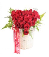 Love Shaped Arrangement of Red Roses & Baby's Breath in a Basket