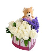 12 White Roses with Teddy Bear in a Box