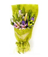 2 Lilies Eustoma, grandly packaged in Oakum Fabric.