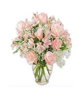 Arrangement of 12 pink roses with fillers in vase
