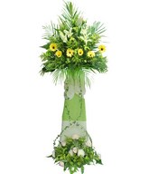 Yellow Gerbera, White Casablanca Lilies, Cream Chrysan Pom-poms and Roses
