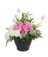 Table Flower of White and pink roses with Soft Pink tulips and Filler in Container