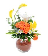 Arrangement of Yellow Calla lily, Orange Rose, White Lily and Filler in round glass vase