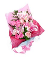 Bouquet of soft pink and light pink rose, pink lily and filler
