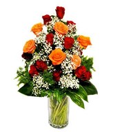 18 Red & Orange Roses in a Vase