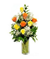 12 Orange & Yellow Roses in a Vase
