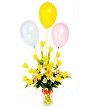 Assortment Of Yellow Rose & White Daisies With Balloons in a vase