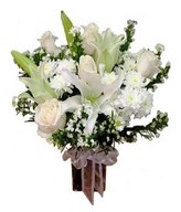 White Lily & Roses in Glass Vase