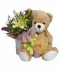 Medium Teddy Bear with Bouquet of 1 Stalk Lilies with Fillers