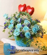 20 Stalks Blue Roses With Baby's Breath And Ivy Leaves Decorated In A Basket With 2 Heart Shape