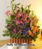 Pink Stargazers, Purple Cabbage, Hyacinthus, Yellow Roses And Hypericum In A Basket