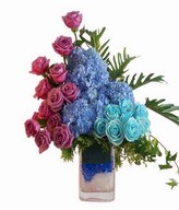 Hydrangeas, Purple Roses and Blue Rose in glass vase