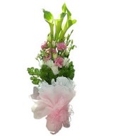 Green calla lilies with pink Eustoma