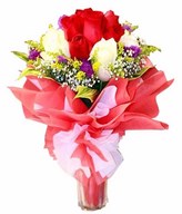 6 Red 6 White Roses Hand Bouquet With Fillers