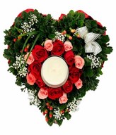 Heart-Shaped Arrangement with Scented Candle surrounded with pink and red roses, Baby Breath, Hyperc