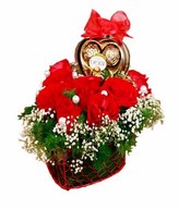 9 red roses arranged in Heart shape Basket with 3 chocolate in heart shape Box