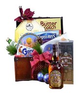 Chivas Regal with a bottle of Juice, choco chips and chocolates in a box