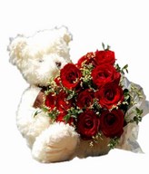 12 Red Roses Hand Bouquet with Bear