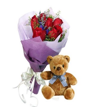 6 Red Roses Hand Bouquet & a Small Bear