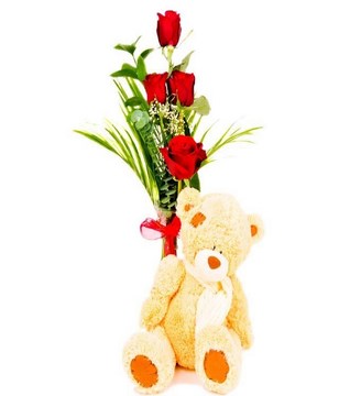 Bouquet of 4 Red Roses with Plush Toy
