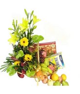 Flower, fruits and healthy food in a basket