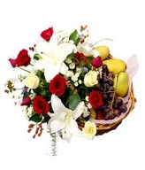 Roses and Lilies with Fruits in a Basket